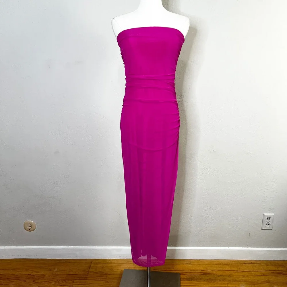 Lulus Strapless Ruched Mesh Maxi Dress Fuchsia‎ Pink Pull On Size Medium M